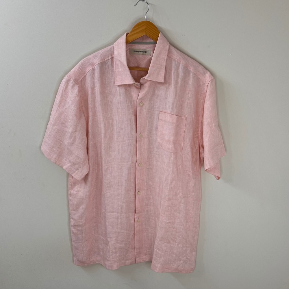Tommy Bahama Men's XL Pink Linen Short Sleeve Button Camp Collar‎ Relaxed Shirt